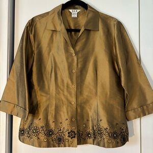 S.L.B Gold Button Silk Blouse Black Beaded Floral Trim 3/4 Sleeve Women's Large
